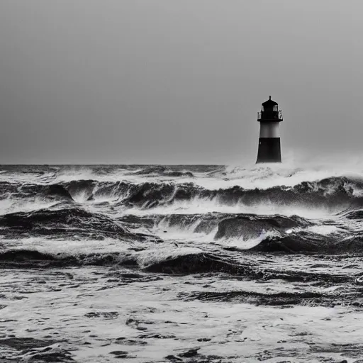 Image similar to stormy ocean at night, lighthouse in the background concealed by fog