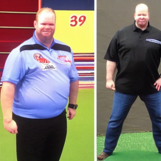 Prompt: skinny raymond van barneveld, having lost fifty pounds, weight loss, muscular, diet, healthy