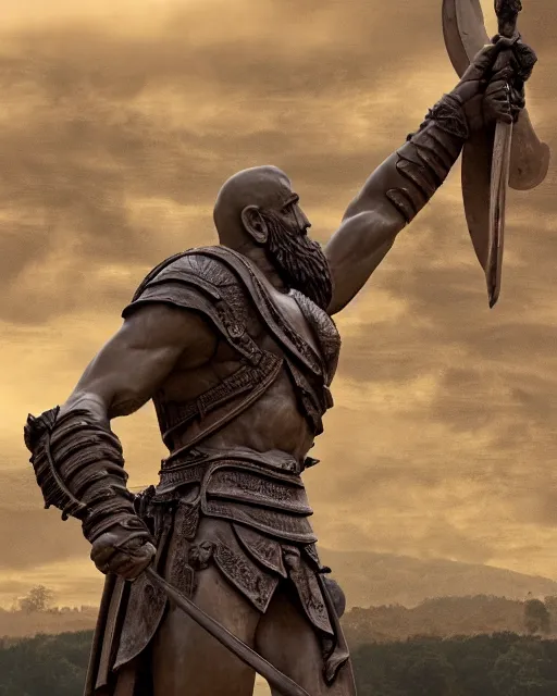 Image similar to a gigantic 1 0 0 0 foot bronze statue of a spartanburg warrior holding his spear and shield, god of war, fantasy landscape, thousands of tiny onlookers, photorealistic, atmospheric