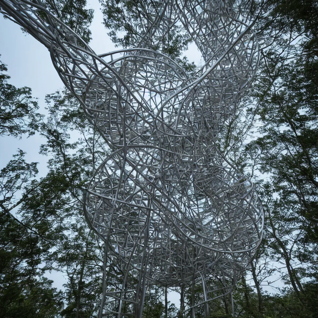 Prompt: hyper realistic, very high helix shaped observation tower made by metal in forest, wide angle shot, future design, extremely realistic, architecture design, parametric architecture, environment, sunset, foggy, cinematography, mega scans, cinematic, hyper realistic, photo real, cinematic composition, highly detailed,