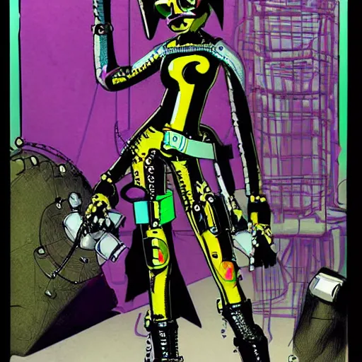 Image similar to a cybergoth woman wearing goggles and eccentric jewelry by jamie hewlett :: full body character concept art, detailed