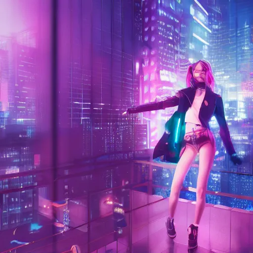 Prompt: a girl like (yoona, Elle Fanning), dancing, background cyberpunk city, kpop, fullshot, photo, volumetric lighting, epic composition, intricate details, dark neon punk, by KDA