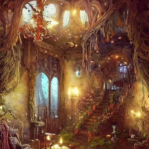 Prompt: a beautiful interior of a fairy castle's hall,, fully decorated, furnished with fairy furniture, fairy aesthetics, fairy lights, fairycore!!! magical realism, fantasy nvironment art by scot howden, greg rutkowski, and elena dudina. high details, magical and in soft colour palette, dreamy