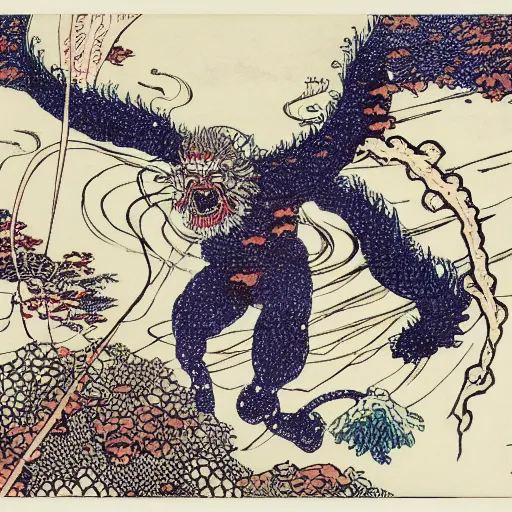 Image similar to luminus angelic chilled rapids diamond pollock beads and yarn broth demon , by Katsushika Hokusai and Ernst Max and Ted Nasmith , Marvel Comics , pencil sketch , Tilt shift