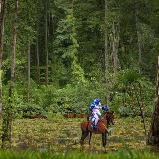 Image similar to A photo of an astronaut riding a horse in the forest. There is a river in front of them with water lilies.