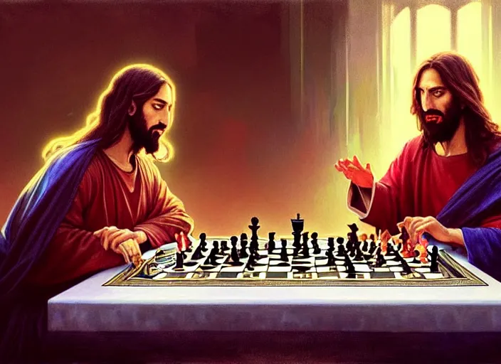 Prompt: highly detailed painting of Jesus playing chess with Lucifer, 4k highly detailed, digital painting, artstation, concept art, matte, sharp focus, illustration, art by Artgerm and Greg Rutkowski and Alphonse Mucha, masterpiece, vivid vibrant deep colors