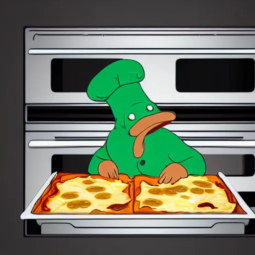 Prompt: cute platypus on a kitchen wearing a chef hat and holding a lasagna into an oven, digital art