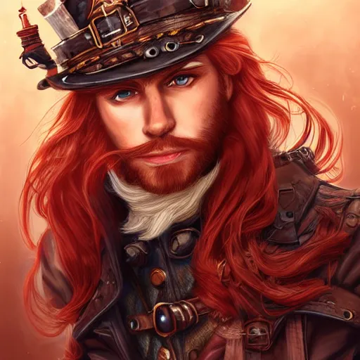 Prompt: rugged ship captain, male, handsome, flowing red hair, handsome, fantasy, intricate, elegant, highly detailed, piercing eyes, steampunk, digital painting, artstation, concept art, character art, smooth, sharp focus, illustration, art by artgerm