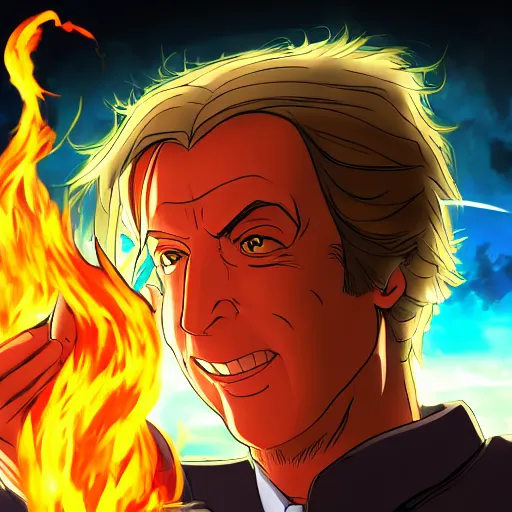 Image similar to portrait of saul goodman wielding the element of transmutation magecraft, fire and water, anime fantasy illustration by tomoyuki yamasaki, kyoto studio, madhouse, ufotable, trending on artstation