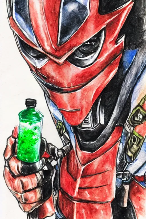 Prompt: Kamen Rider drinking hot sauce, pencil and watercolor