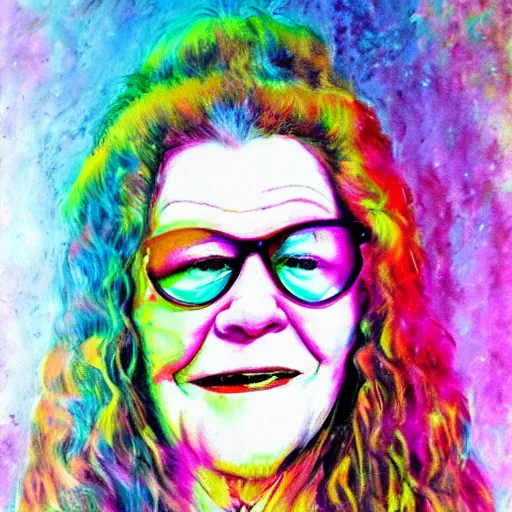 Prompt: portrait of janice joplin in psychedelic colors, painted by pablo amaringo