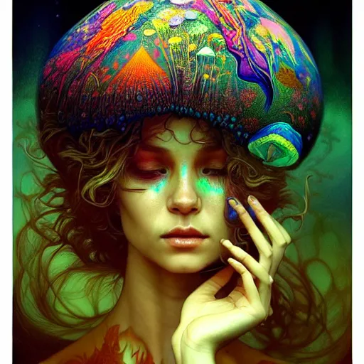 Image similar to An extremely psychedelic experience, reality bending, colorful, surreal, magic mushrooms, psilocybin, LSD, face, detailed, intricate, elegant, highly detailed, digital painting, artstation, concept art, smooth, sharp focus, illustration, art by Krenz Cushart and Artem Demura and alphonse mucha