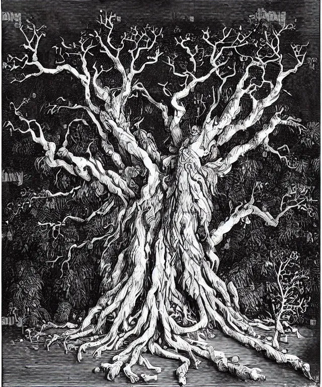 Image similar to ancient gnarled oak, tree of life on top of an open book, art by james o barr and albrecht durer and gustave dore, woodblock print, engraved, black and white, vector, vector art