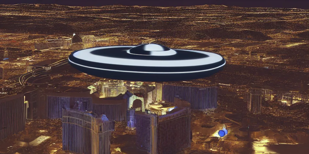 Prompt: a pfotograph of an giantic ufo over las vegas, movie poster, rule of threes, film photography, 3 d render, trending on artstation, 3 d society, futurism