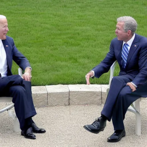 Prompt: Joe Biden and George W. Bush converse on the White House Lawn. 2022. AP Photo