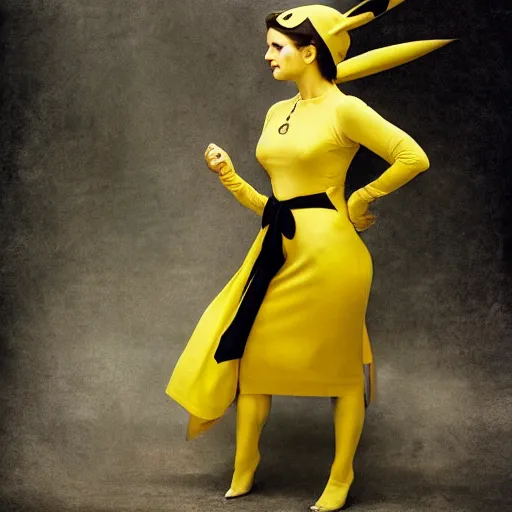 Image similar to elegant woman dressed up as pikachu, symmetry, art photo by Annie Liebovitz and Alphonse Mucha