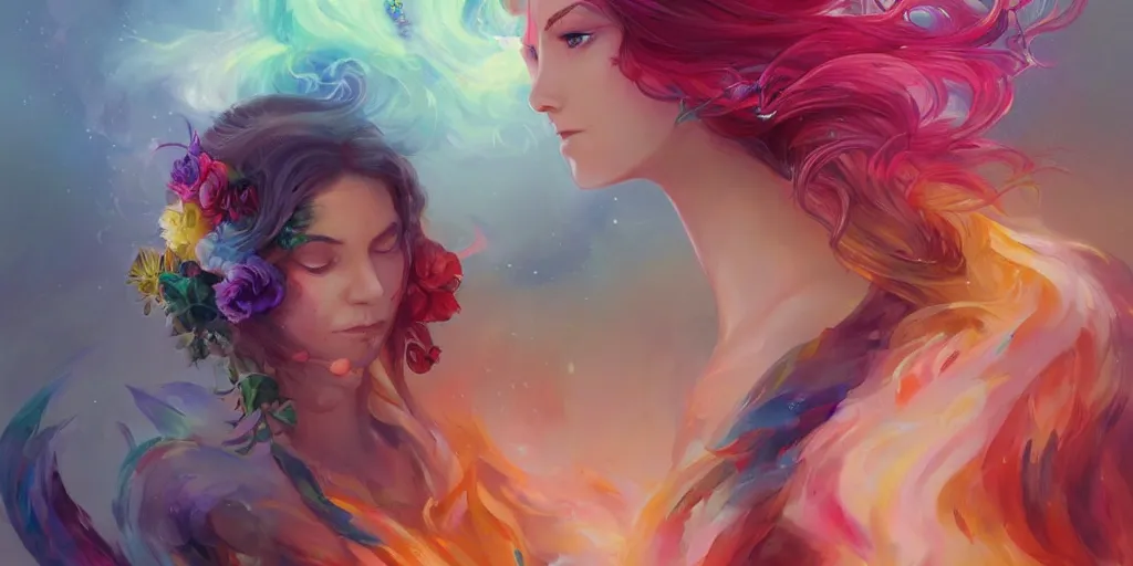 Image similar to a colorful and provenance portrait painting of a fantasy female with floral wings, detailed, highly detailed, hair made of hair made of air wind and curling smoke, mist, dust, genie, spirit fantasy concept art ， art by charlie bowater and by aenami, trending on artstation.