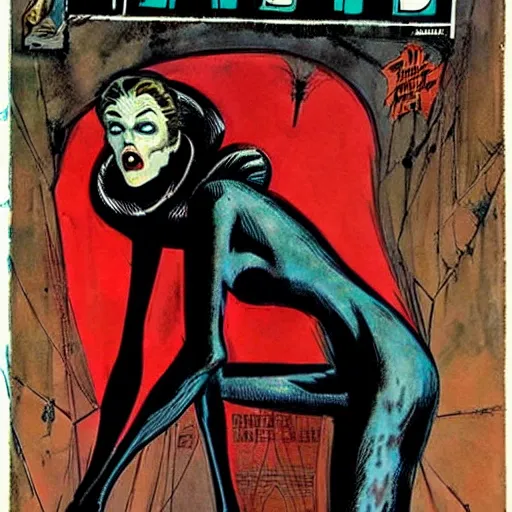 Prompt: portrait of a extremely frightened beautiful spider girl vintage comic book cover, by enki bilal, 1 9 6 8, dramatic, noir, creepy, surreal, weird, incredible, photo real 7 0 4