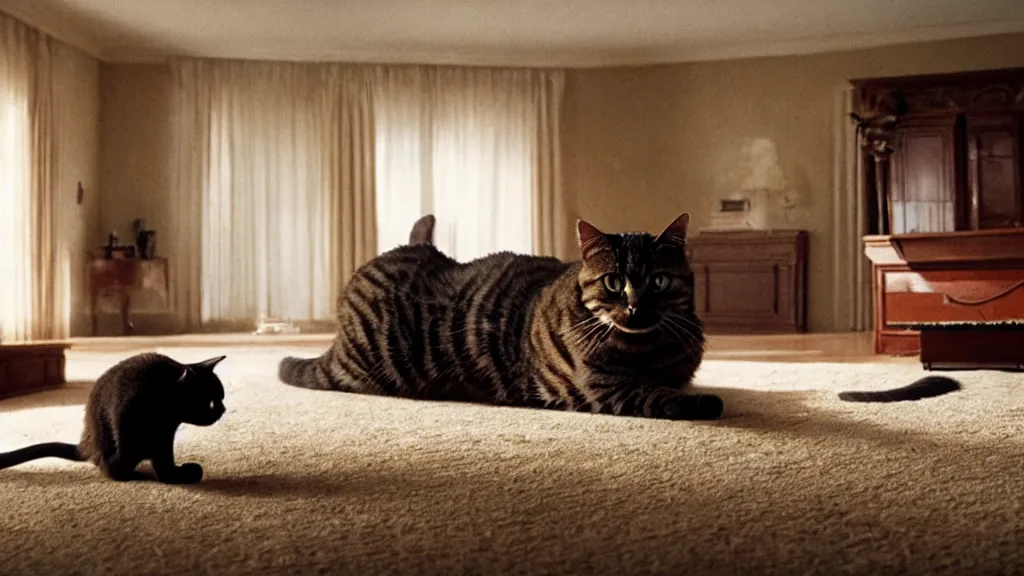 Prompt: an average american cat in the living room, film still from the movie directed by Denis Villeneuve with art direction by Salvador Dalí, wide lens