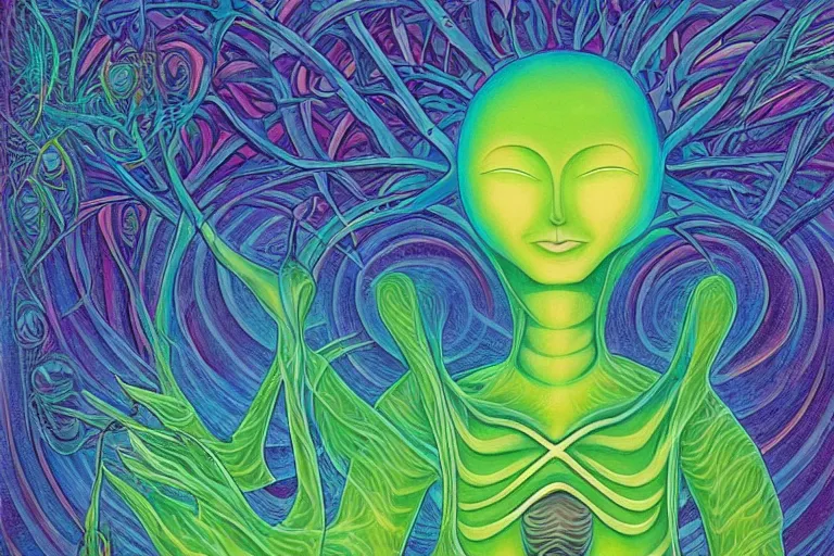 Prompt: painting of a tranquil alien made of light and glows meditating in dense forest by alex grey, acrylic art, ethereal, soothing, somber, elegant, warm light, cozy, breathtaking,