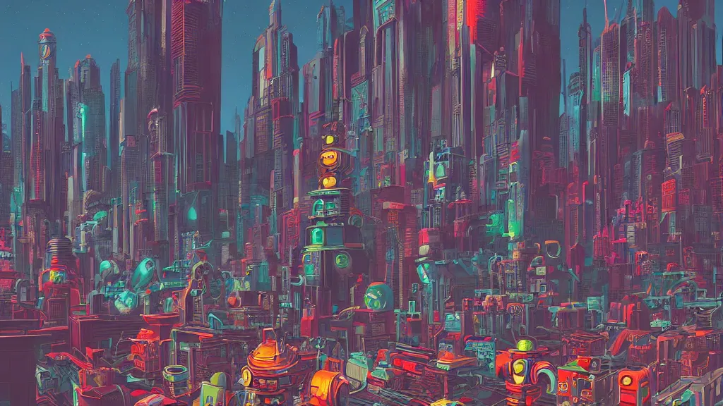 Image similar to street level view of retro robot city at the other side of nowhere, sharp digital painting. retrofuturism. concept art. artstation. casey weldon. digital render. dan mumford.