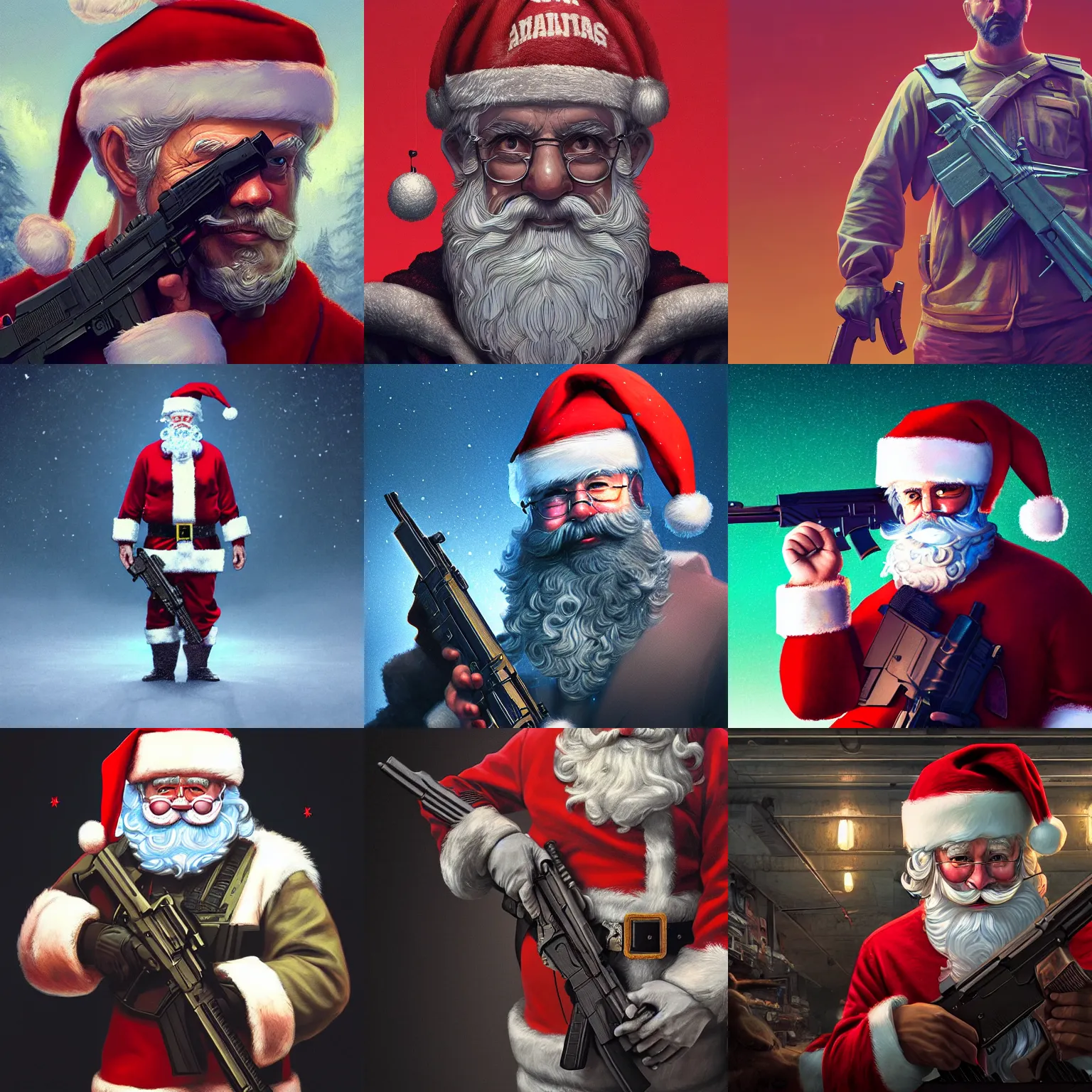 Prompt: santa holding an AK-47 inside wal-mart intricate portrait by Tooth Wu and wlop and beeple and Dan Mumford. Octane render, trending on artstation, greg rutkowski very coherent symmetrical artwork. Cinematic, hyper realism, high detail 8k