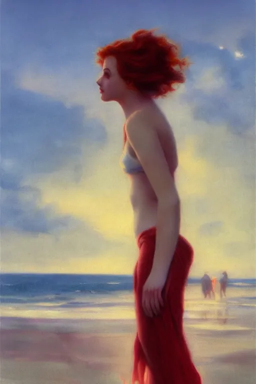 Prompt: a red haired young girl beach surreal, sunrise, dramatic light, vittorio matteo corcos