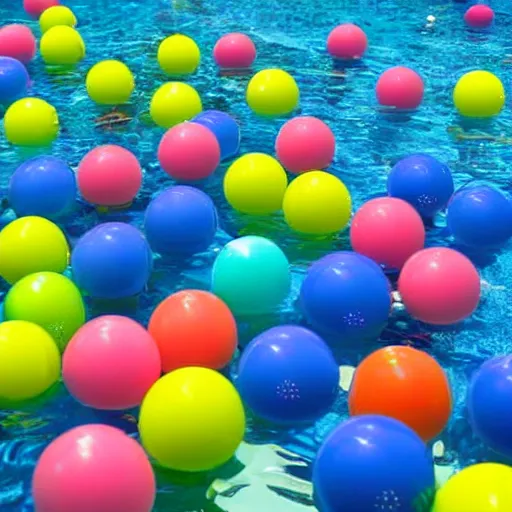 Prompt: a swimming pool overflowing with coloured balls