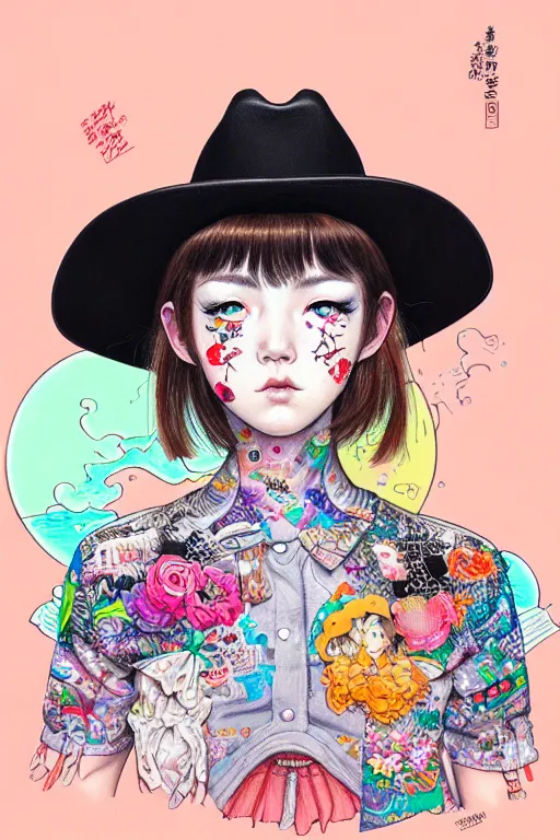 Image similar to girl wearing cowboy hat, style of yoshii chie and hikari shimoda and martine johanna, highly detailed