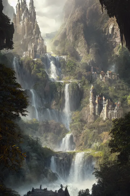 Image similar to low angle shot of a beautiful elven castle made of silver, huge waterfalls, lovely valley, by James Gurney, by Greg Rutkowski, concept art, volumetric lighting, intricate, vivid colors, octane render, trending on artstation, 8k