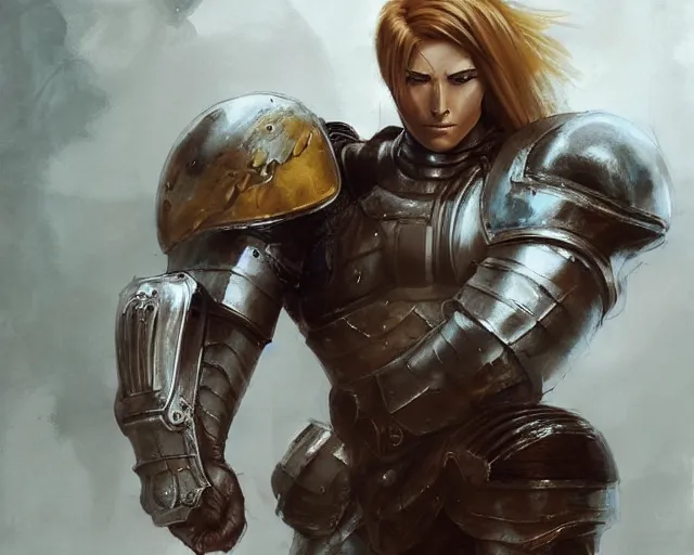 Image similar to portrait of muscular samus aran as a medieval knight, elegant, fantasy, hd shot, digital portrait, beautiful, artstation, comic style, by artgerm, guy denning, jakub rozalski, magali villeneuve and charlie bowater