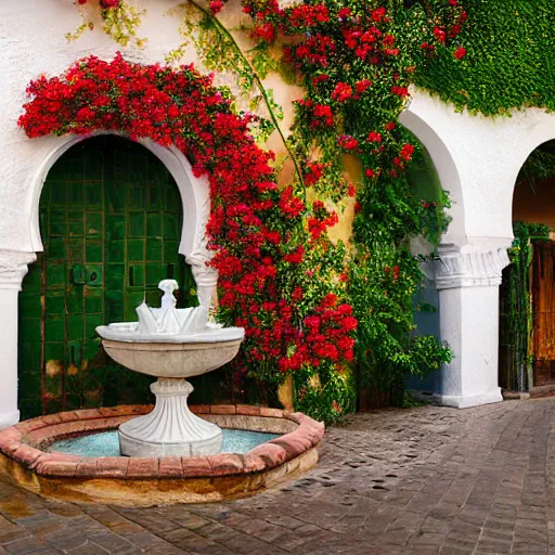 Prompt: surrealist andalusian patio with white tall arches, beautiful roses flowers and ropes on the walls, fountain inside, sunny vivid light, colorful composition, photographic details wide lens, intricate details