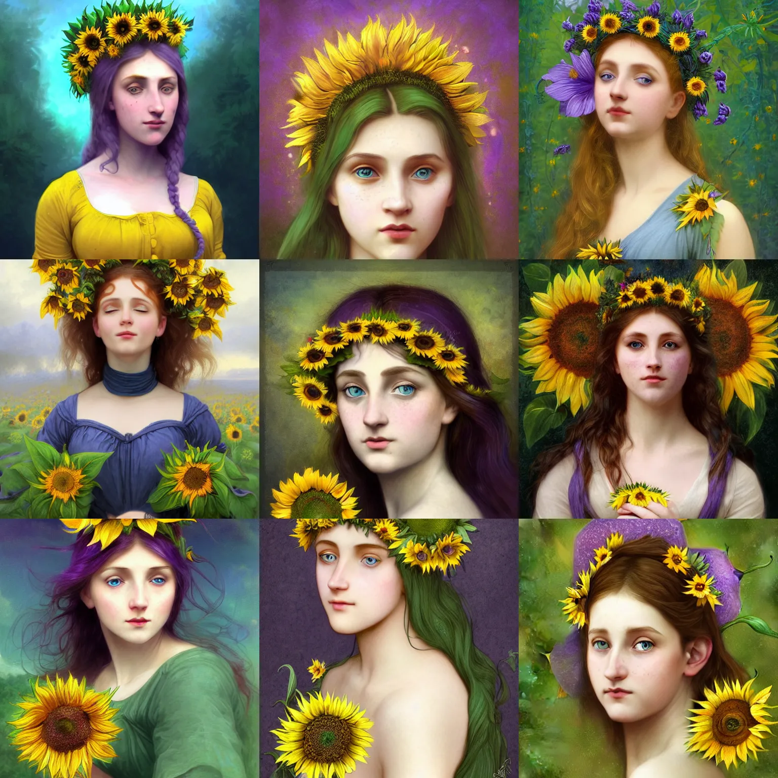 Prompt: a beautiful stunning fantasy whimsical matte digital portrait illustration of a blue-eyed woman with freckles and violet hair wearing a yellow sunflower crown and a dark green garden background, in the style of William Adolphe-Bouguereau and Marc Simonetti, magic the gathering, trending on artstation, contest winner