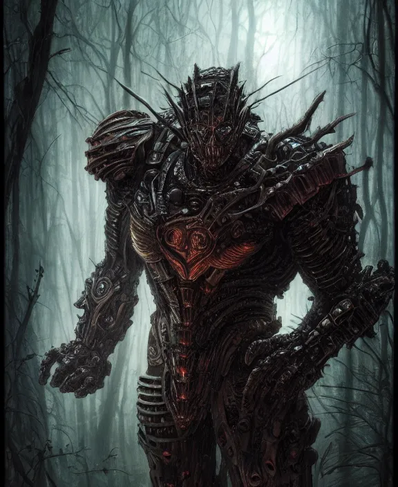 Image similar to 5 5 mm close up portrait photo of an armored biomechanical demonic superman looking at the camera, in a magical forest. dark atmosphere. art by greg rutkowski and luis royo. highly detailed 8 k. intricate. lifelike. soft light. nikon d 8 5 0.