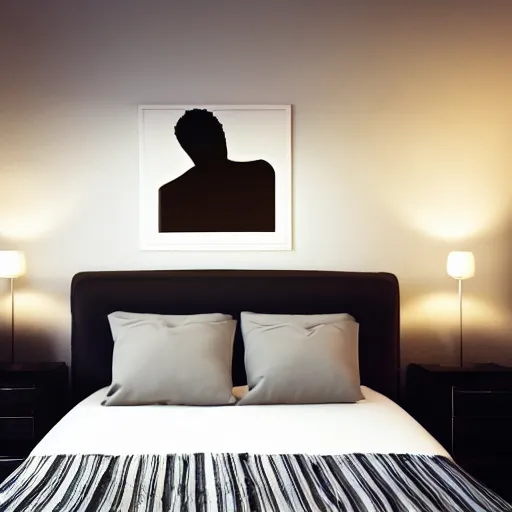 Image similar to hyper realistic photo of a room with a tall black silhouette of a person standing in front of a person sleeping in bed at a person sleeping in bed at night