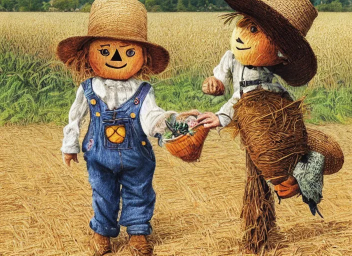 Prompt: a cute short and wide scarecrow with straw for hair and with a straw hat in overalls walking on a dirt road next to a large tall corn field, children's book by tom lovell, ross tran, terry redlin, jean baptiste monge, beatrix potter, painterly