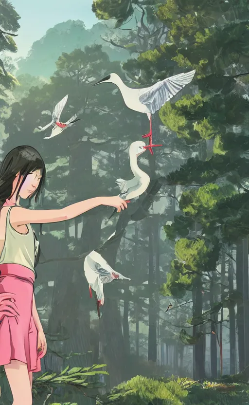 Image similar to gta5, girl next to a japanese crane bird in japanese pines, trading card front, kimono, realistic anatomy, concept art, by studio ghibli, anime style, sun in the background