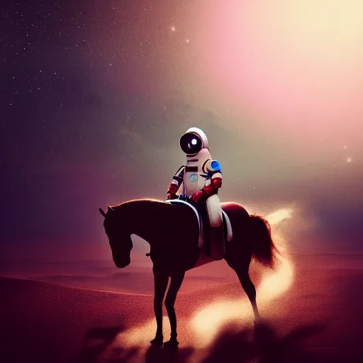 Prompt: photography of animal horse riding on top of an human man in astronaut costume. from western by hiroyuki okiura and katsuhiro otomo and alejandro hodorovski style with many details by mike winkelmann and vincent di fate in sci - fi style. volumetric natural light photo on dsmc 3 system,