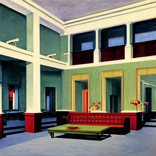 Prompt: interior of a 1 9 4 0 s hotel lobby, by edward hopper