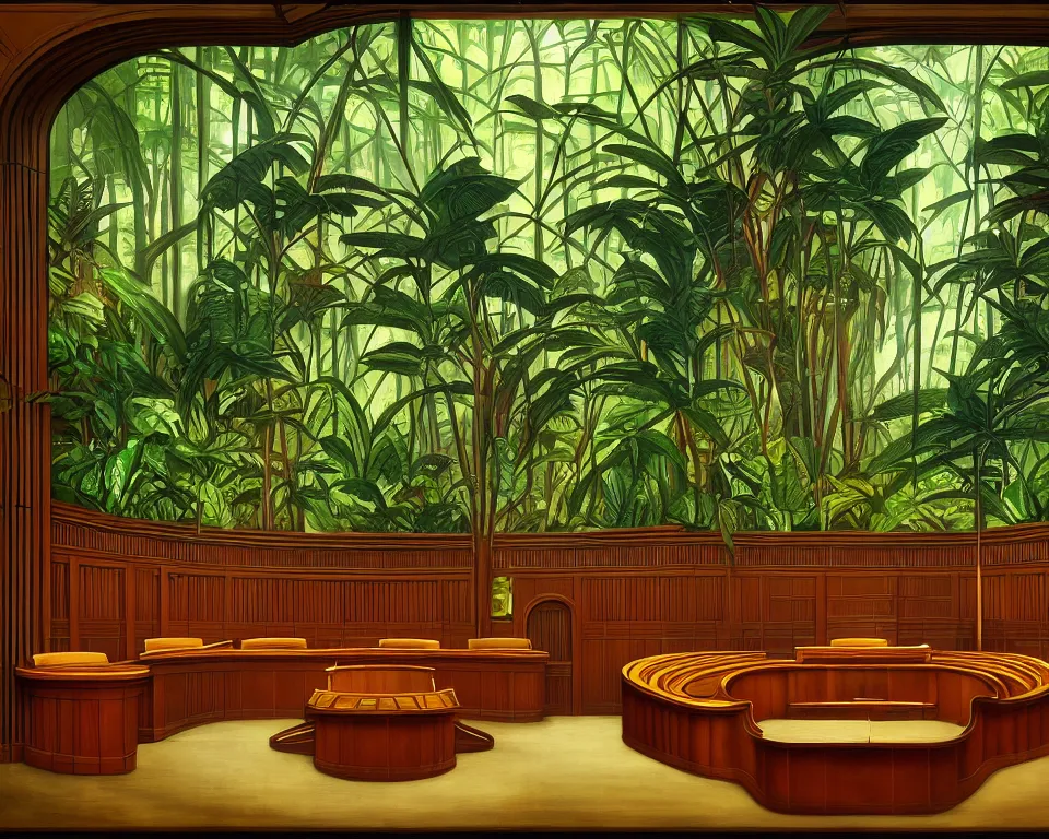 Image similar to an art deco courtroom in the rainforest by raphael and hopper. hyperdetailed, proportional, romantic, enchanting, achingly beautiful, graphic print, trending on artstation, jungle, tropical, foliage