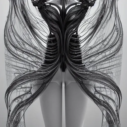 Prompt: cyberpunk noir by zaha hadid, iris van herpen and rick owens. highly detailed, hyper - real, very beautiful, intricate fractal details, very complex, opulent, epic, mysterious, polished, futuristic design, trending on deviantart and artstation