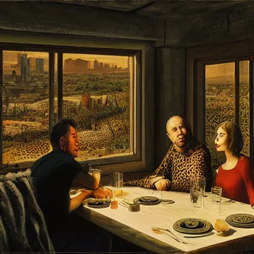 Image similar to The land art shows four people sitting in a diner late at night. The people in the land art look tired and lonely. The land art is set in New York City and shows the city's skyline in the background. cheetah print by Frederick Sandys, by Andreas Franke ghastly