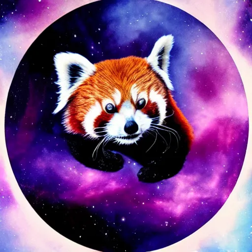 Image similar to Red Panda in space in front of a purple nebula