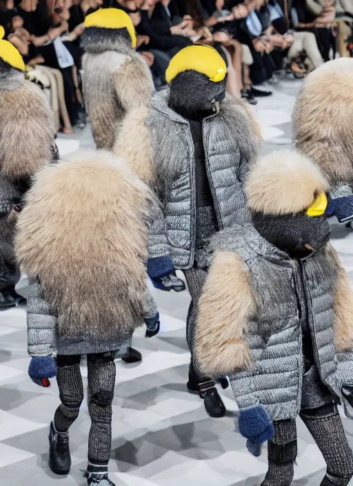 Image similar to hyperrealistic and heavy detailed moncler runway show of minions, leica sl 2 5 0 mm, vivid color, high quality, high textured, real life