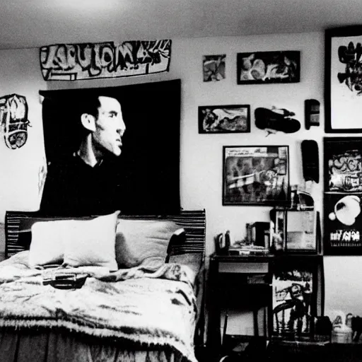 Prompt: wide - shot of an alien teenager's bed room, on the wall is a huge photo of guitarist roy buchanan playing his telecaster