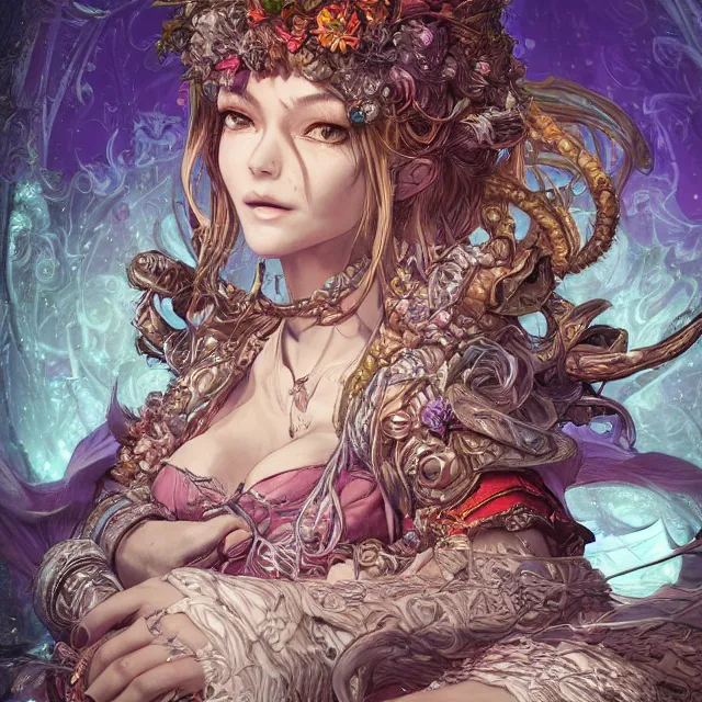 Image similar to the portrait of chaotic good female druid alchemist as absurdly beautiful, gorgeous, elegant, happy woman, an ultrafine hyperdetailed illustration by kim jung gi, irakli nadar, intricate linework, sharp focus, bright colors, octopath traveler, final fantasy, unreal engine 5 highly rendered, global illumination, radiant light, detailed and intricate environment