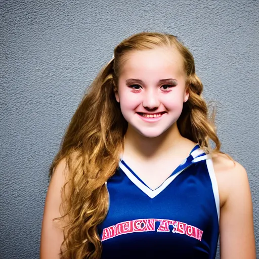 Prompt: a portrait photograph of a cute, spirited, over - achiever, 1 8 year - old american high school cheerleader. portrait canon 8 5 mm f 1. 2 photograph head and shoulders portrait