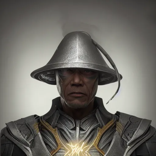 Prompt: hyper realistic, highly detailed hybrid of raiden from mortal kombat, and raiden from metal gear solid wearing a conical rice hat. portrait, stephen bliss, unreal engine, greg rutkowski, beeple global illumination, translucent, sub - surface scattering, detailed and intricate environment