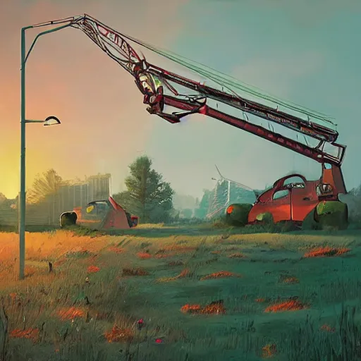 Image similar to an abandoned giant crane shaped like a beetle, art by simon stalenhag