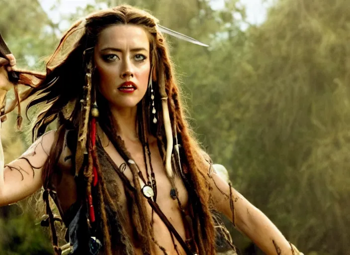Image similar to film still of amber heard as captain jack sparrow on a desert island in the new pirates of the carribean movie, 4 k
